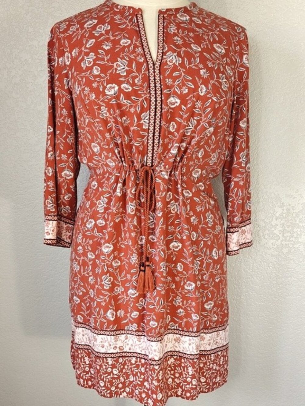J. Jill Sz L Shift Dress Drawstring Waist 3/4 Sleeve Pockets V-neck Floral